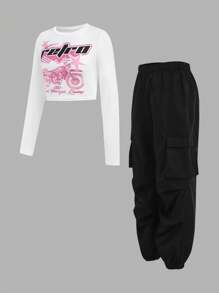 SHEIN Bộ 2 chiếc áo nỉ dài tay in chữ và xe máy dễ thương cho bé gái tuổi teen và quần túi hộp trơn rộng rãi - Nhiều màu - Xem 10