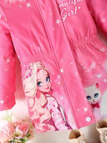 SHEIN 年轻女孩休闲连帽毛绒插肩袖收腰印花羊毛夹克，冬季 - 粉色 - 查看 5