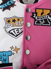 2pcs Baby Girls' Casual Baseball Jacket And Pleated Skirt Outfit, Spring And Autumn - Hot Pink - View 5