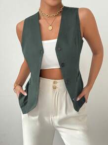 Chiquease 女士 V 领纽扣无袖纯色简约简约短款背心夹克 - 墨綠色 - 查看 7