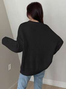 DAZY Áo len trễ vai dáng rộng màu trơn đơn giản, thu/đông - màu đen - Xem 2