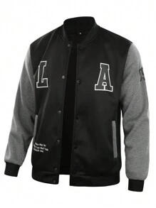 Manfinity Campus Court Áo khoác bomber họa tiết Slogan màu cho nam không có áo phông - màu đen - Xem 1