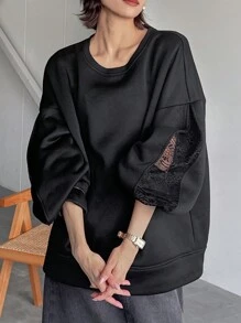 FRIFUL Women's Contrast Lace Crew Neck Sweatshirt,Fall Clothes - Black - View 1