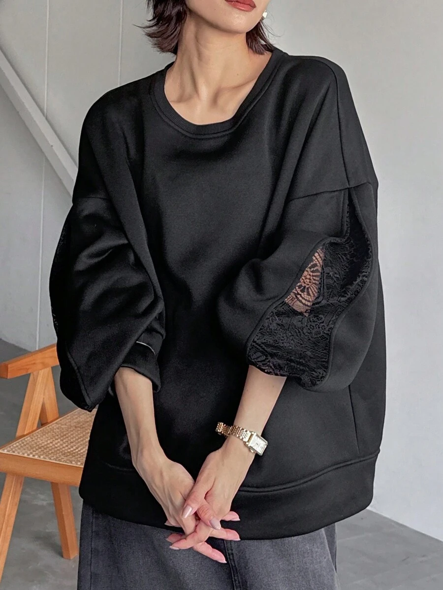 FRIFUL Women's Contrast Lace Crew Neck Sweatshirt,Fall Clothes - Black - View 1