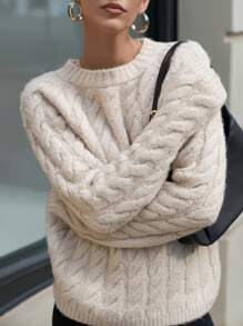 SHEIN Cottnline Women Cable Knit Pattern Round Neck Drop Shoulder Chunky Pullover - Beige - View 2