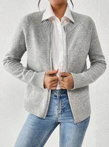 EMERY ROSE Women's Solid Color Raglan Sleeve Long Sleeve Casual Cardigan, Autumn/Winter Fall Cloth For Women - Grey - View 5