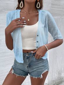 SHEIN LUNE Áo len cardigan lửng tay lửng đơn hàng khuy đơn màu đơn giản cho nữ, mùa xuân/hè - Màu xanh nhạt - Xem 1