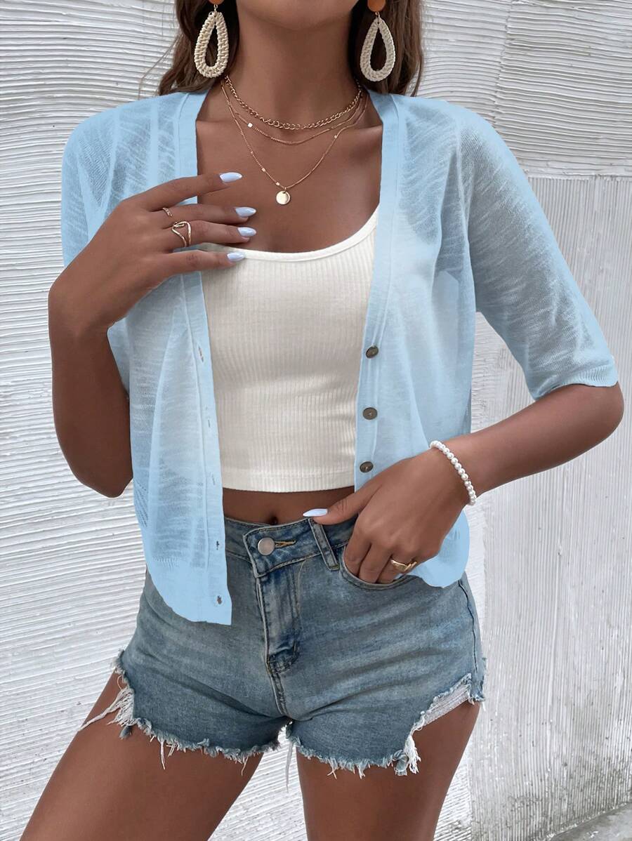 SHEIN LUNE Áo len cardigan lửng tay lửng đơn hàng khuy đơn màu đơn giản cho nữ, mùa xuân/hè - Màu xanh nhạt - Xem 1