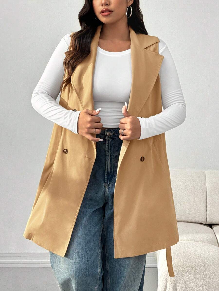 SHEIN EZwear 大码纯色双排扣无袖风衣，初秋 - 卡其色 - 查看 1