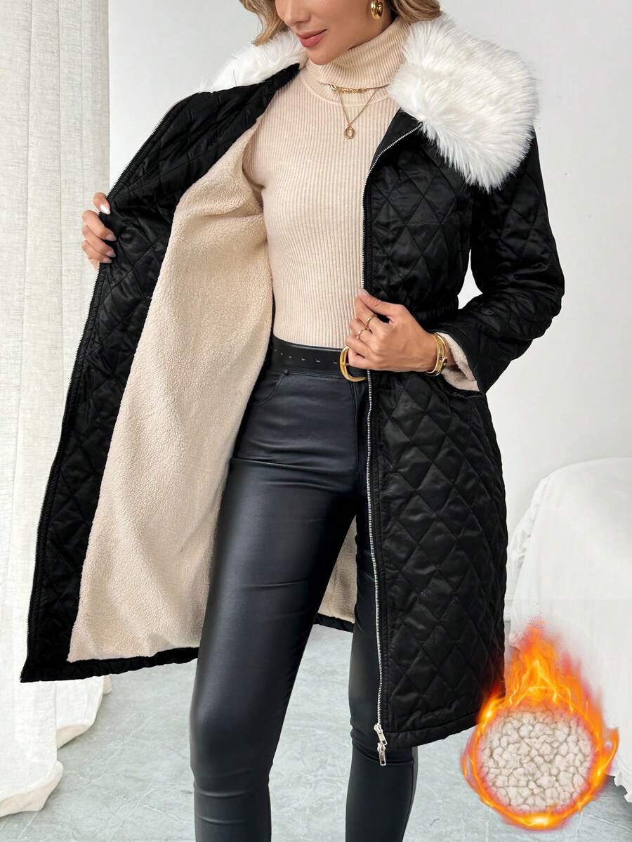 SHEIN Clasi Abrigo acolchado ajustado para mujer con forro térmico, cuello esponjoso, parches, bolsillo con cremallera, para otoño/invierno - Negro - Ver 1