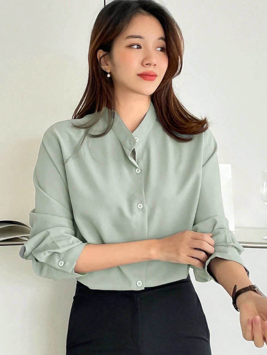 DAZY Solid Button Front Blouse Long Sleeve Top