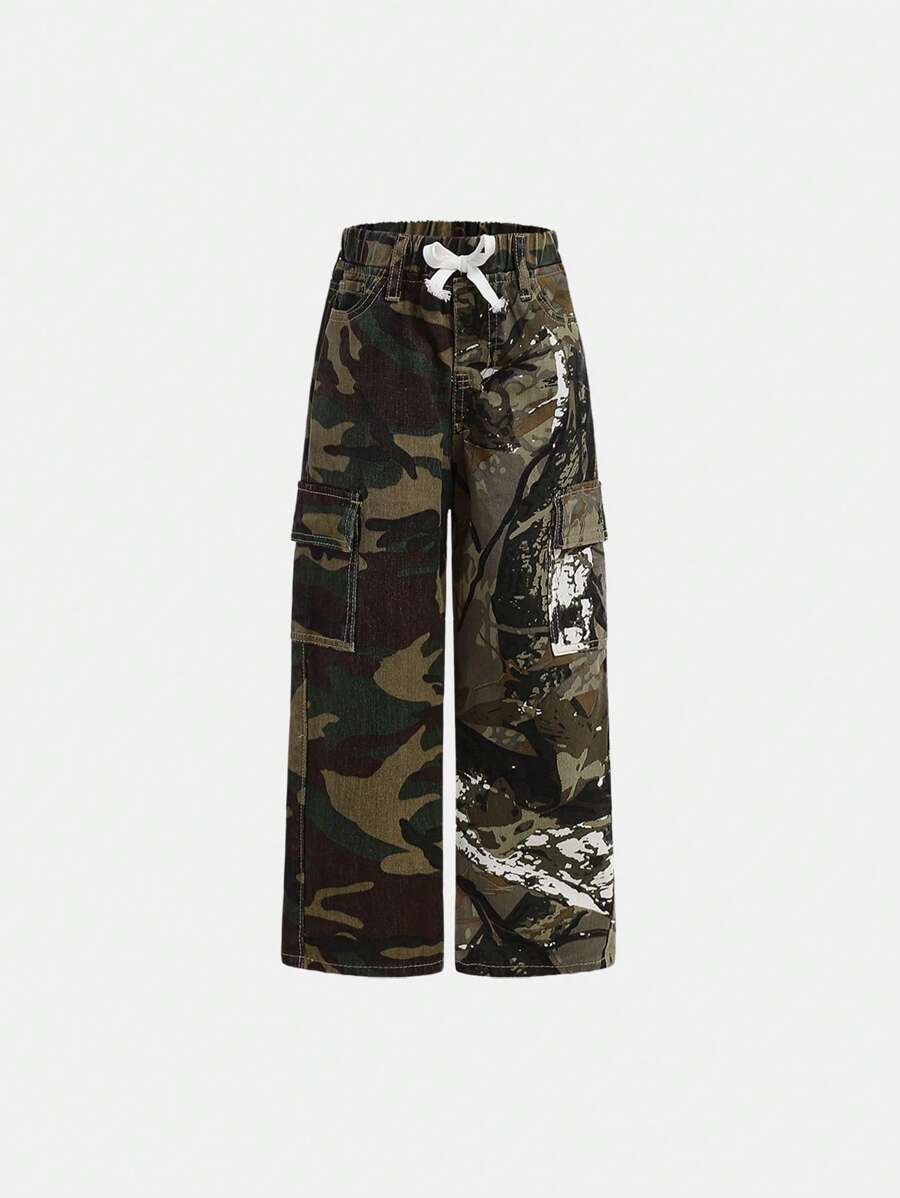 YOUNG BOY迷彩与树枝迷彩撞色拼接街头时尚大胆粗犷大口袋松紧腰牛仔裤，全年百搭潮流单品 - 彩色 - 查看 1