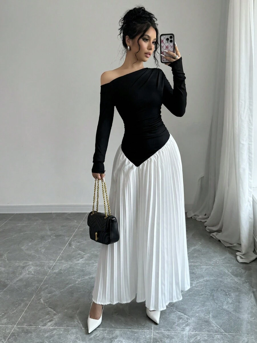 Rafferiza Women's Asymmetrical Neck Ruched Fitted Ruched Hem Elegant Dress Maxi Women Outfit Fall Cloth For Women - Black and White - View 1