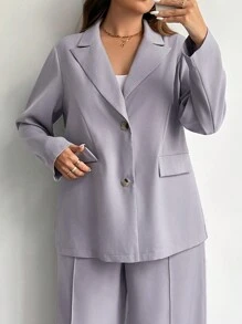 SHEIN Privé Plus Size Elegant Business/Party Suit Set - Long Sleeve Blazer Jacket & Trousers - Grey - View 3