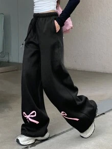 DAZY 女士弹力腰带蝴蝶印花直筒宽松运动裤，带保暖内衬 - 黑色 - 查看 2