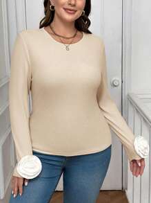 SHEIN Essnce 大码女式 3D 花卉图案修身杏色 T 恤，休闲优雅 - 杏色 - 查看 9