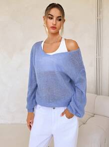Forever 21 V-Neck Casual Blue Sweater, Spring Autumn - Blue - View 5