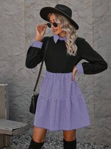 SHEIN Clasi 格纹印花荷叶边下摆长袖连衣裙 - 彩色 - 查看 5