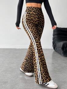 SHEIN PETITE 女式高腰侧条纹豹纹喇叭裤 - 棕色 - 查看 7