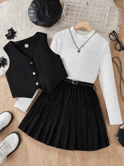 SHEIN Set de 3 piezas para niña preadolescente: chaleco sin mangas con botones, top de manga larga de cuello alto acanalado y falda plisada con cinturón