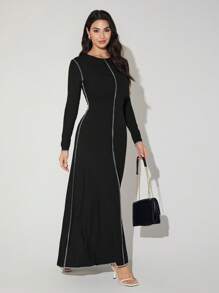 Veilorie Women's Long Sleeve Round Neck Elegant Extra Long Dress, Spring/Summer Modest