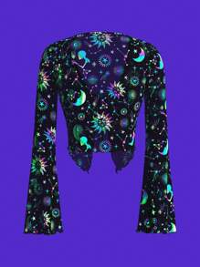 SHEIN ICON Áo Halloween Y2K tay chuông dài buộc dây in toàn thân xuyên thấu trong suốt - Nhiều màu - Xem 7