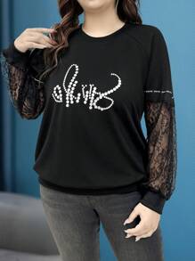 SHEIN LUNE 大码女式字母印花圆领撞色蕾丝长袖休闲运动衫 - 黑色 - 查看 4