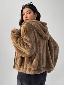 SHEIN EZwear Plus Size Reversible Hooded Jacket, For Winter - Khaki - View 2