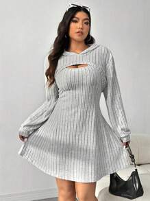 SHEIN EZwear 大码黑色罗纹连帽运动衫连衣裙休闲两件套服装，初秋 - 淺灰色 - 查看 6