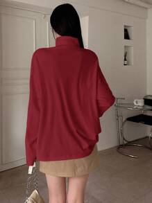 DAZY Áo thun nữ tay dài cổ cao dáng rộng màu trơn, thường ngày, thời trang xuân/thu, thu - Màu Đỏ Sâu - Xem 5