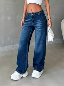 RueChic Low Waist Pocket Detailed Straight Jean - Dark Wash - View 6