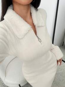 SHEIN EZwear 女士纯色羊毛翻领拉链高领长袖优雅毛衣连衣裙，秋冬季