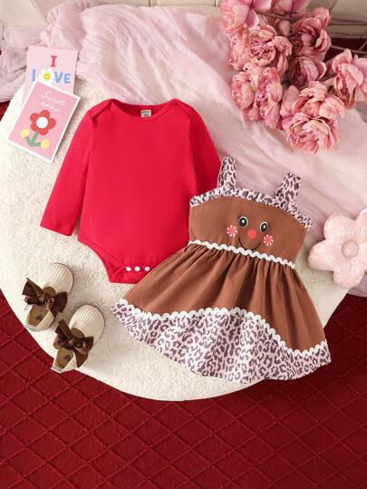 SHEIN 2pcs/Set Baby Girl Solid Color Long Sleeve Romper And Fashionable Leopard Print Cami Dress Outfit