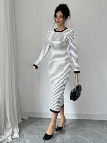 Calvaya Women's Backless Tied Strap Striped Form-Fitting Knitted Bodycon Sweater Dress