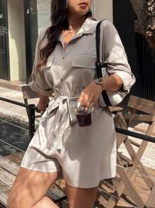 Flirla Plus Size Retro Casual Pocket Roll Sleeve Shirt-Style Belted Romper, Summer Fall Cloth For Women - Light Grey - View 2