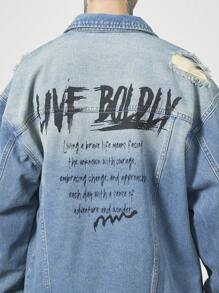 Manfinity Hypemode 男士休闲格言印花破洞牛仔夹克，春秋 - 淺色水洗藍 - 查看 7