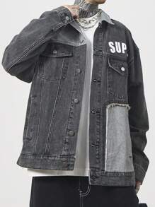 Manfinity EMRG Men's Casual Loose Letter Print Contrast Color Long Sleeve Denim Jacket, Autumn Winter - Dark Grey - View 3