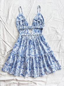 Soleia Women's Backless White And Blue Floral Splice Ruffle Hem Mini Dress,Vacation Holiday Holiday,Renaissance Cottage Core Dresses No Chest Padding - Blue and White - View 3