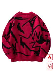 Chillumni 男士休闲宽松圆领长袖针织毛衣，秋冬款，男士图案毛衣，男士红色毛衣，男士针织毛衣，男士套头毛衣，男士冬季毛衣 - 紅色 - 查看 2