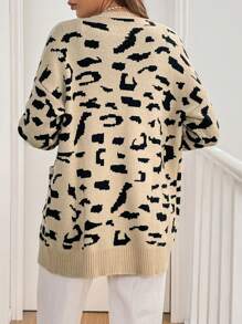 SHEIN Frenchy Women's Loose Drop Shoulder Leopard Print Cardigan,French Leopard Print Mid-Length Long Sleeve Warm Cardigan Sweater Winter Casual - Apricot - View 2