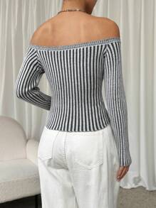 SHEIN EZwear 1pc Women's Grey Off-Shoulder Knit Sweater - Grey - View 2