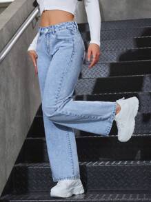 SHEIN PETITE 女士蝴蝶印花口袋宽腿宽松休闲牛仔裤 - 淺色水洗藍 - 查看 4