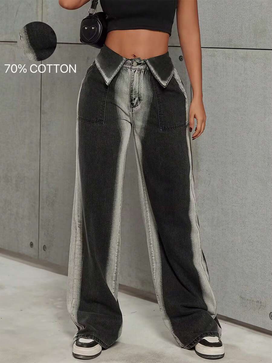 Y2K Retro High Waist Flared Pockets Straight Leg Contrast Color Jeans Spring Casual Black - Black - View 1
