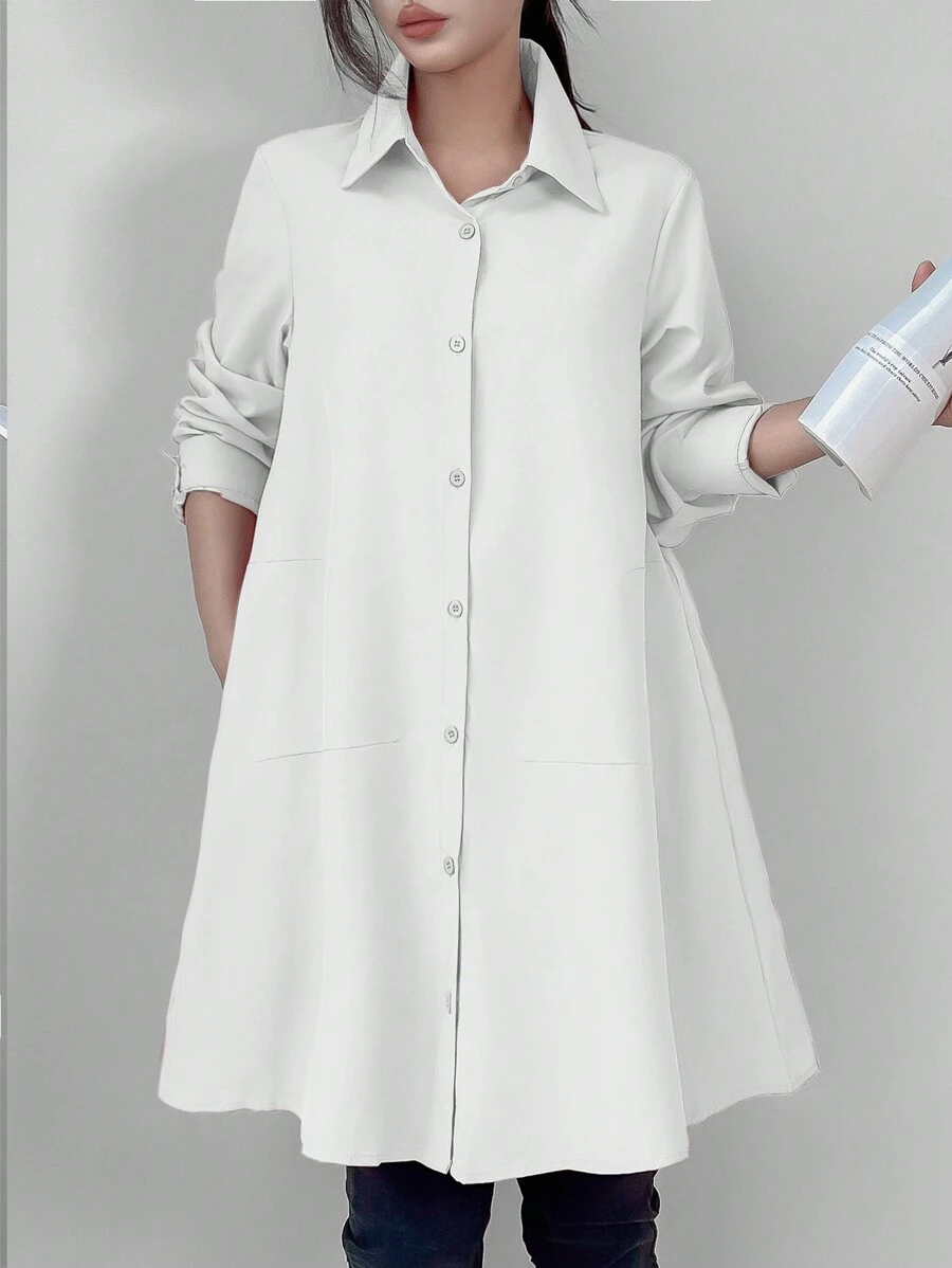 SHEIN Unity Women Solid Color Simple Daily Shirt,Long Sleeve Tops Fall Cloth For Women - White - View 1