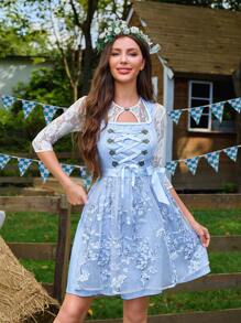 Vestido tradicional bávaro azul bordado Dirndl para mujer, disfraz de sirvienta alemana de Oktoberfest - Azul - Ver 3
