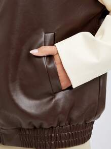SHEIN EZwear Chaqueta de PU con cremallera y hombros descubiertos, casual y elegante - Blanco y Negro - Ver 8