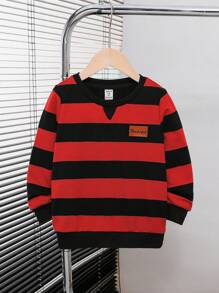 SHEIN Leap Crew Young Boys' Striped Round Neck Raglan Sweatshirt - Red - View 1