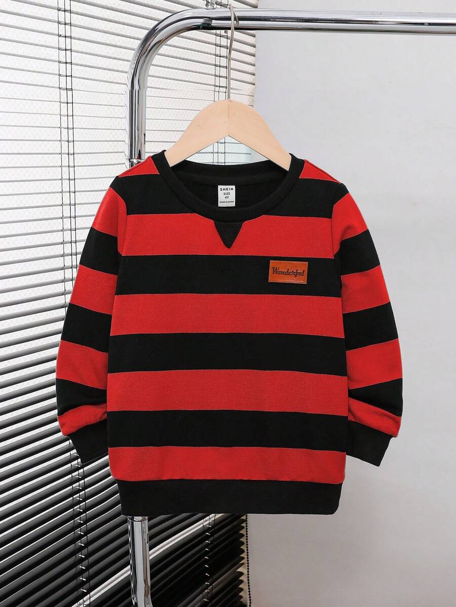 SHEIN Leap Crew Young Boys' Striped Round Neck Raglan Sweatshirt - Red - View 1