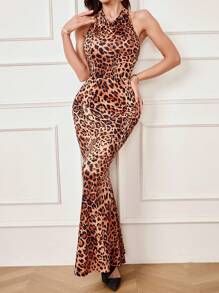 SHEIN Belle Leopard Print Stand Collar Halter Neck Off-Shoulder Dress,Elegant Waist Formal Evening Gown For Wedding Guest,Prom,Graduation & Dinner - Black - View 4