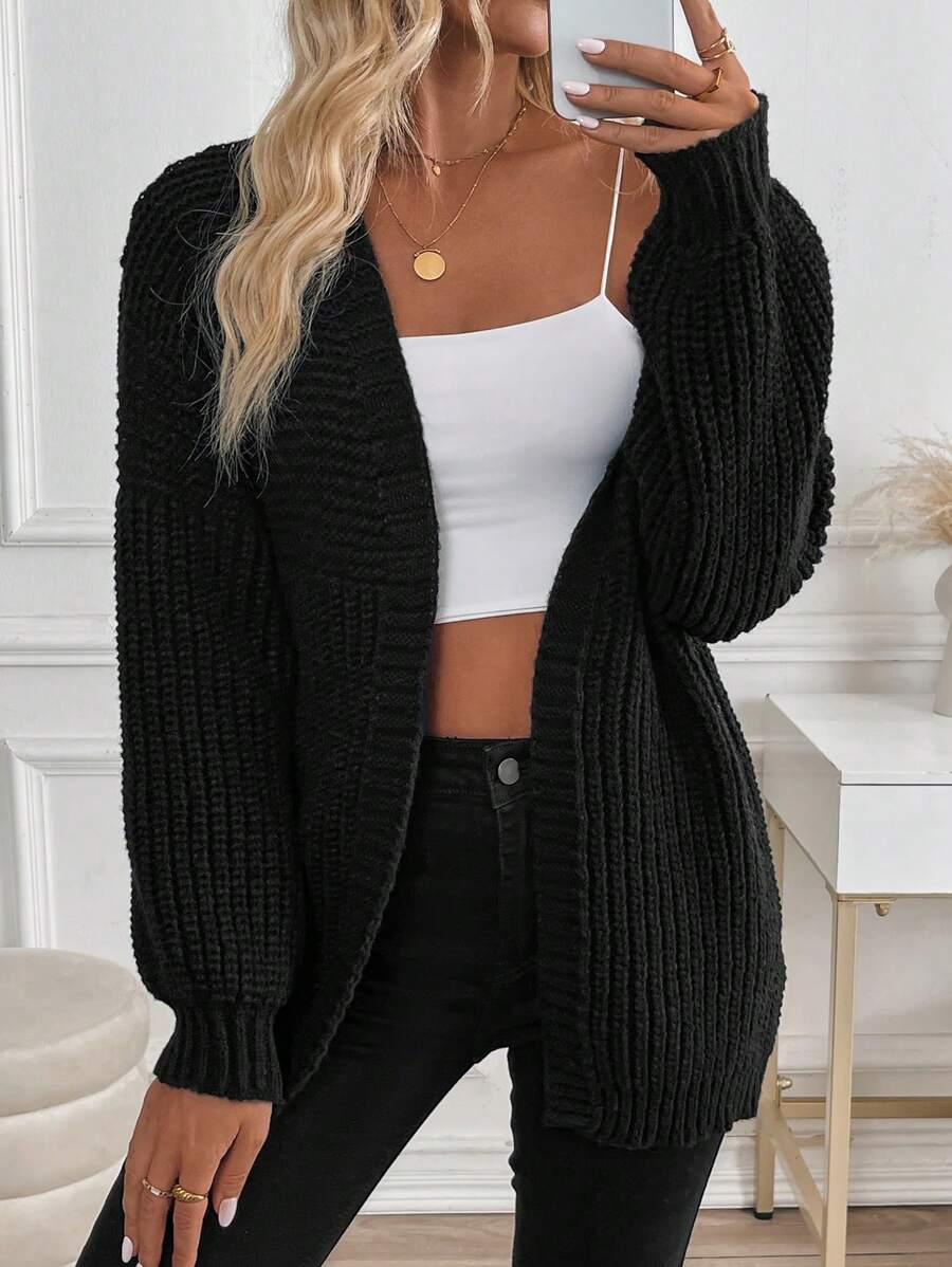 SHEIN PETITE Oversized Drop Shoulder Lantern Sleeve Solid Color Long Sleeve Knit Black Sweater Cardigan - Black - View 1